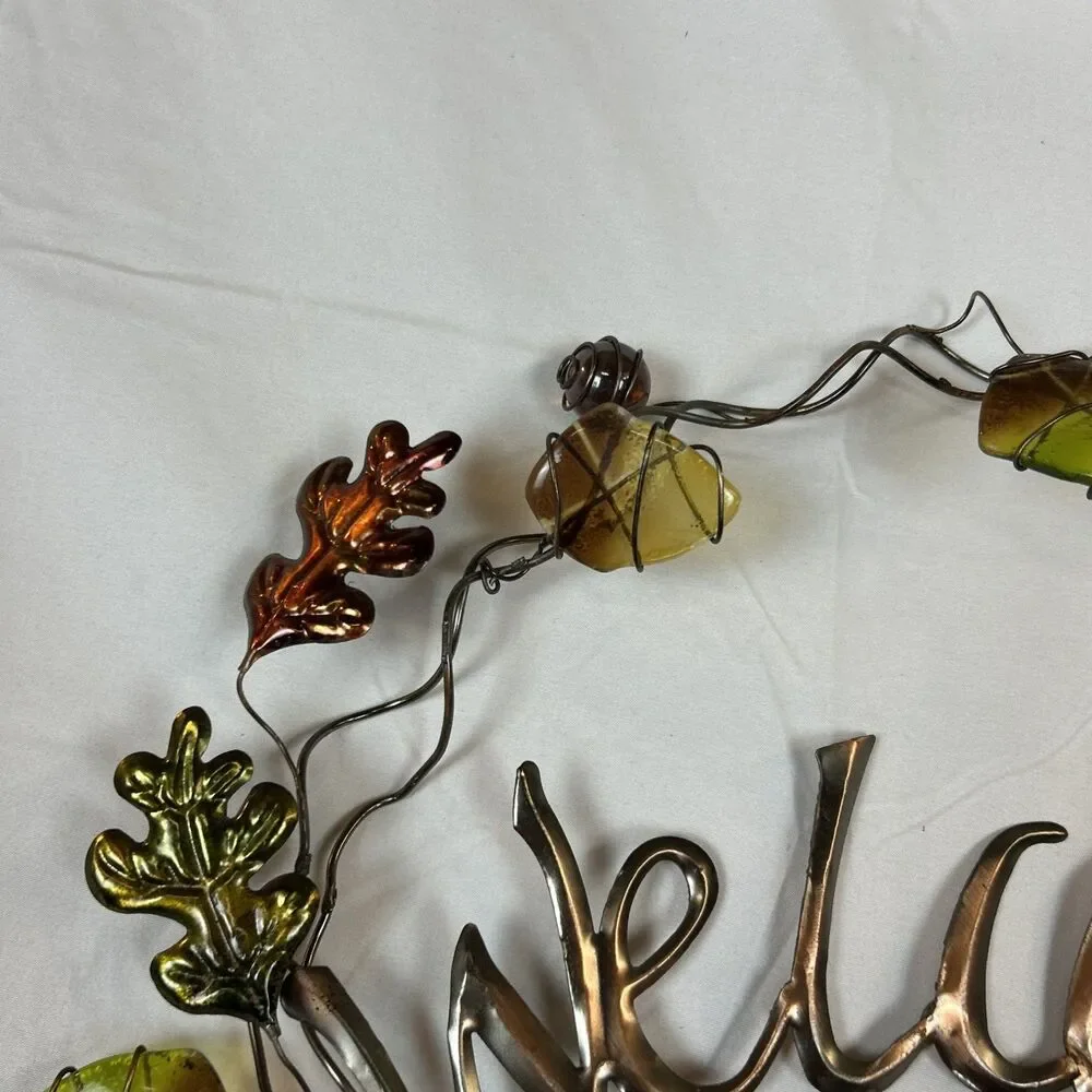 Fall Leaves Welcome Wreath Hanging Metal & Glass Decor Thanksgiving 17x13”